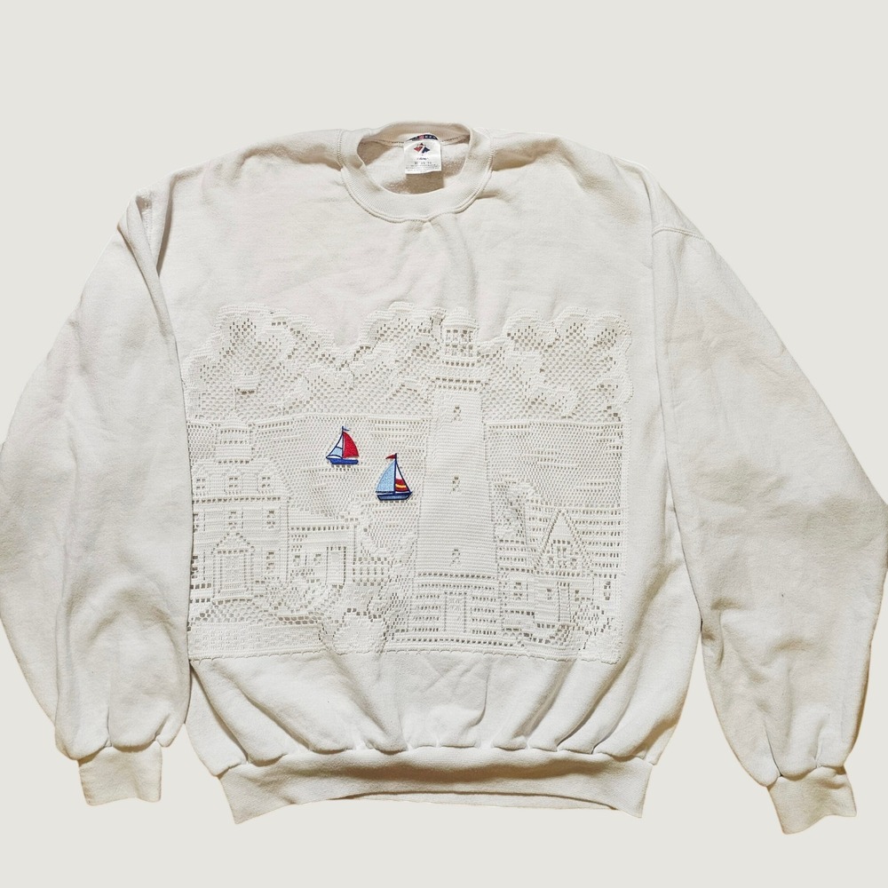 Vintage Jerzees NuBlend White Lighthouse Sailboat Lace Sweatshirt XL Nautical